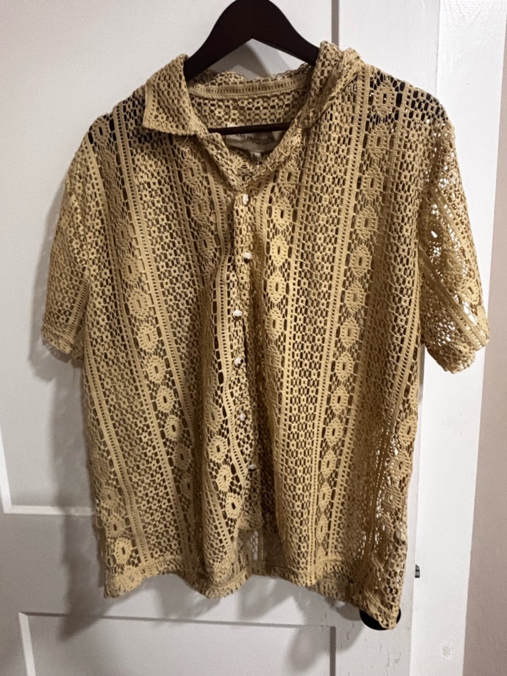 Men's Crochet Short-Sleeve Shirt in Beige